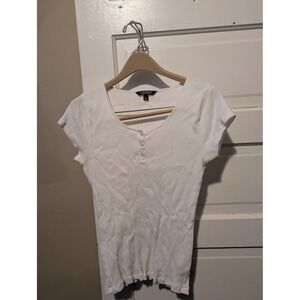 Lauren Ralph Lauren Womens White Ribbed Cotton Henley Short Sleeve Top Large